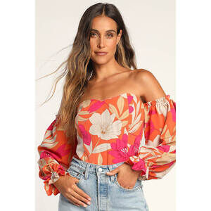 Lulus Bring The Blossom Red Floral Print Off-the-shoulder Bodysuit - Size S